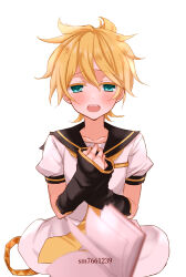 Rule 34 | blonde hair, blue eyes, blush, book, detached sleeves, highres, kagamine len, looking at viewer, necktie, niconico id, open mouth, sailor collar, shorts, sorano namida, vocaloid