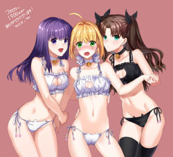 Rule 34 | !, 3girls, :d, :o, ahoge, alternate costume, aqua eyes, arm around waist, artoria pendragon (all), artoria pendragon (fate), bare legs, bare shoulders, bell, black bra, black legwear, black panties, black ribbon, blonde hair, blush, bow, bra, breasts, brown hair, cameltoe, cat cutout, cat ear panties, cat lingerie, choker, cleavage cutout, clothing cutout, collarbone, cowboy shot, eyebrows, fate/grand order, fate/stay night, fate (series), female focus, friends, frills, girl sandwich, gluteal fold, green eyes, groin, group hug, hair intakes, hair ribbon, highres, holding another&#039;s arm, holding hands, hug, imminent kiss, jingle bell, large breasts, legs apart, lingerie, long hair, looking at viewer, matou sakura, meme attire, midriff, milestone celebration, multiple girls, navel, neck, neck bell, o3o, open mouth, panties, parted bangs, purple eyes, purple hair, red background, ribbon, saber (fate), sandwiched, short hair, side-tie panties, simple background, smile, standing, stomach, sweat, thigh gap, thighhighs, tohsaka rin, two side up, type-moon, underwear, underwear only, white bow, white bra, white panties, ycco (estrella), yuri