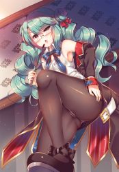 Rule 34 | 1girl, :o, aqua hair, armpits, ass, azur lane, bare shoulders, black footwear, black skirt, blue ribbon, blush, breasts, brown coat, brown eyes, brown panties, brown pantyhose, buttons, cleavage, coat, collared shirt, commentary request, cowboy shot, double bun, drill hair, frown, glasses, hair bun, hair ribbon, hand on own hip, holding, indoors, langley (azur lane), leg up, light particles, long hair, long sleeves, looking at viewer, microskirt, neck ribbon, off shoulder, open clothes, open coat, open mouth, panties, panties over pantyhose, pantyhose, pencil skirt, rectangular eyewear, remodel (azur lane), ribbon, riding crop, rimless eyewear, shirt, shoes, sidelocks, skirt, sleeveless, sleeveless shirt, solo, standing, standing on one leg, suzunone rena, twin drills, underwear, v-shaped eyebrows, white shirt, wing collar