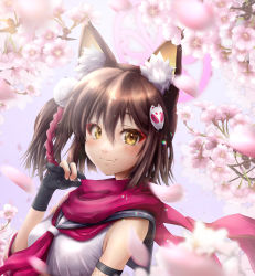 Rule 34 | 1girl, absurdres, adjusting scarf, animal ears, black gloves, blue archive, blurry, brown eyes, brown hair, cherry blossoms, commentary request, depth of field, eyeshadow, fingerless gloves, fishnets, fox ears, fox girl, fox hair ornament, gloves, hair between eyes, highres, izuna (blue archive), long hair, looking at viewer, makeup, petals, red scarf, rope, scarf, school uniform, serafuku, shimenawa, sidelocks, sleeveless, smile, solo, tomonx