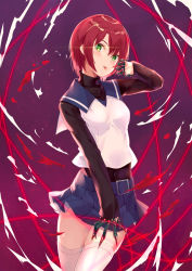 Rule 34 | 1girl, :p, blue skirt, claw (weapon), fuuka academy school uniform, green eyes, highres, ldfe mk2, looking at viewer, my-hime, pleated skirt, red hair, school uniform, short hair, skirt, solo, thighhighs, tongue, tongue out, weapon, white thighhighs, yuuki nao