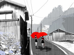 Rule 34 | emukami, original, pale skin, power lines, rain, school uniform, umbrella