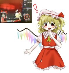 Rule 34 | !, 1girl, ascot, blonde hair, blush, cowboy shot, finger to mouth, flandre scarlet, frilled shirt collar, frilled skirt, frills, hand up, hat, highres, looking at viewer, medium hair, mob cap, one side up, open mouth, puffy short sleeves, puffy sleeves, rakugakiman2222, red eyes, red skirt, red vest, reference inset, screenshot inset, short sleeves, simple background, skirt, skirt set, smile, solo, standing, straight-on, touhou, vest, white background, wings, yellow ascot