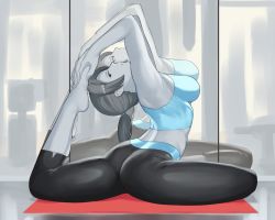 Rule 34 | 1girl, ass, barefoot, black hair, breasts, brown hair, capri pants, colored skin, grey eyes, long hair, looking at viewer, nintendo, pants, ponytail, smile, solo, stretching, super smash bros., suwaiya, tank top, white skin, wii fit, wii fit trainer, wii fit trainer (female)