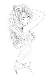 Rule 34 | 1girl, amelie, camisole, female focus, graphite (medium), greyscale, hand in own hair, hands on own head, highres, lineart, long hair, monochrome, neon genesis evangelion, open mouth, panties, sketch, solo, souryuu asuka langley, traditional media, underwear