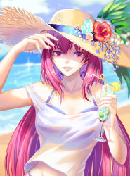 Rule 34 | 1girl, :d, absurdres, beach, bikini, bikini under clothes, crazy straw, cup, day, drinking glass, drinking straw, fate/grand order, fate (series), flower, food, fruit, hat, hat flower, highres, lemon, lemon slice, long hair, looking at viewer, ocean, off shoulder, open mouth, purple hair, red eyes, scathach (fate), scathach (fate), smile, solo, straw hat, sun hat, swimsuit, tank top, very long hair, yuanzui primo