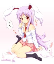 Rule 34 | ..., 1girl, animal ears, bare shoulders, between breasts, black socks, blush, breasts, cleavage, clothes between breasts, dress shirt, embarrassed, female focus, hand on own face, inaba tewi (bunny), light purple hair, long hair, necktie, no bra, off shoulder, open clothes, open shirt, pink hair, pleated skirt, rabbit, rabbit ears, red eyes, reisen udongein inaba, shirt, sitting, skirt, socks, solo, touhou, very long hair, wariza, yamasaki wataru, yamasan
