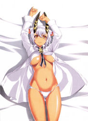 Rule 34 | 1girl, absurdres, animal ears, arms up, bed sheet, bell, belphegor (sin nanatsu no taizai), belphegor (the seven deadly sins), black bow, black bowtie, bow, bowtie, breasts, breasts apart, closed mouth, collared shirt, covered erect nipples, cow ears, cowbell, dark-skinned female, dark skin, demon girl, demon horns, dress shirt, from above, groin, hair between eyes, highres, horns, long sleeves, looking at viewer, lying, midriff, navel, nishii (damnedrive), no bra, official art, on back, on bed, open clothes, open shirt, orange eyes, panties, shirt, sin nanatsu no taizai, solo, stomach, the seven deadly sins, underboob, underwear, white hair, white panties, white shirt