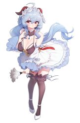 Rule 34 | 1girl, absurdres, ahoge, bare shoulders, blue hair, breasts, cleavage, duster, feather duster, full body, ganyu (genshin impact), genshin impact, hair between eyes, highres, horns, large breasts, leaning forward, light blue hair, long hair, simple background, solo, thighhighs, very long hair, white background, yabby
