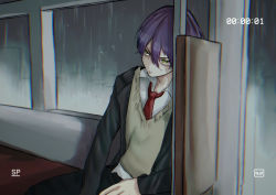 Rule 34 | 1boy, absurdres, blazer, chromatic aberration, city, collared shirt, green eyes, hands on lap, highres, jacket, kenmochi touya, leaning on object, long sleeves, looking to the side, male focus, necktie, nijisanji, parted lips, pokopokotarou1, purple hair, rain, recording, shirt, short hair, sitting, solo, sweat, sweater, train, train interior, v-shaped eyebrows, viewfinder, virtual youtuber, window