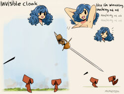 Rule 34 | 1girl, :d, ;d, armpits, arms behind head, arms up, artist name, blue hair, boots, breasts, brown footwear, cloak, commentary, english commentary, english text, eyes visible through hair, full body, highres, invisibility cloak, large breasts, long hair, meme, mole, mole under eye, multiple views, murgoten, naked cloak, one eye closed, open mouth, original, rapier, smile, solid oval eyes, sword, the simpsons, weapon