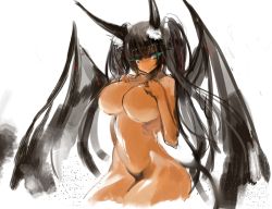 Rule 34 | 10s, 1girl, black hair, breasts, character request, cropped legs, dark-skinned female, dark skin, gond, green eyes, huge breasts, kantai collection, no nipples, nude, sketch, smile, solo, twintails, wings