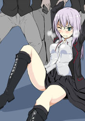 Rule 34 | 1girl, 3boys, arms up, black skirt, blazer, blue background, blush, boots, breasts, breath, character request, copyright request, green eyes, highres, imminent rape, jacket, light purple hair, long skirt, medium breasts, mos yen, multiple boys, one eye closed, restrained, school uniform, simple background, skirt, thighs