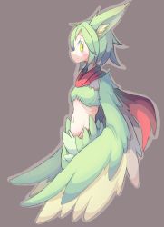 Rule 34 | 1girl, 4138, animal ears, bad id, bad pixiv id, blush, breasts, feathered wings, feathers, green feathers, green hair, harpy, highres, looking to the side, midriff, monster girl, original, scarf, small breasts, solo, winged arms, wings, yellow eyes, yellow feathers