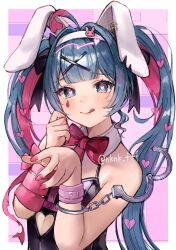 Rule 34 | 1girl, animal ears, blue eyes, blue hair, border, colored inner hair, cuffs, fake animal ears, hair ornament, hairclip, handcuffs, hatsune miku, headband, heart, heart-shaped pupils, highres, leotard, looking at viewer, multicolored background, multicolored hair, pink background, pink hair, pink nails, playboy bunny, purple background, rabbit ears, rabbit hole (vocaloid), smile, solo, symbol-shaped pupils, tananuki, teardrop facial mark, tongue, tongue out, twitter username, vocaloid, white border, white headband