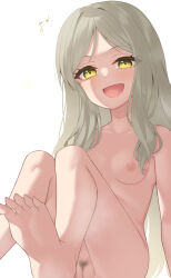 Rule 34 | 1girl, barefoot, binsen, breasts, cleft of venus, collarbone, eighth note, female pubic hair, grey hair, handa roco, highres, idolmaster, idolmaster million live!, knees up, long hair, musical note, nipples, nude, parted bangs, pubic hair, pussy, simple background, sitting, small breasts, soles, solo, uncensored, white background, yellow eyes