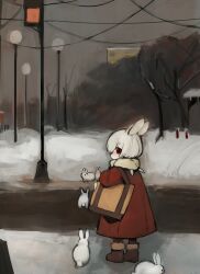 Rule 34 | 1girl, animal ears, bag, bare tree, billboard, boots, brown footwear, coat, commentary, empty eyes, full body, grey sky, highres, holding, holding bag, lamppost, looking at viewer, looking back, original, outdoors, rabbit, rabbit ears, rabbit girl, red coat, red eyes, road, scarf, shirokujira, sky, snow, solo, tree, utility pole, white scarf, winter