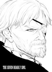 Rule 34 | 10s, 1boy, beard, copyright name, eyepatch, facial hair, gamigamimissile, greyscale, helbram, male focus, manly, monochrome, nanatsu no taizai, portrait, serious, short hair, simple background, solo, white background