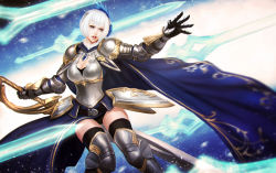 Rule 34 | 1girl, armor, armored boots, artnohearts, belt, blue eyes, boots, breast cutout, breasts, cape, cleavage, cleavage cutout, clothing cutout, gauntlets, gradient background, greaves, hair ornament, large breasts, magic, open mouth, original, outstretched arm, pauldrons, short hair, shoulder armor, solo, sword, thigh boots, thighhighs, weapon, white hair