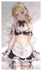Rule 34 | 1girl, apron, arm garter, artist name, artist request, ayase eli, bed, bikini, black bow, black ribbon, black skirt, blonde hair, blue eyes, blush, bow, bowtie, breasts, bridal garter, cleavage, detached collar, dress, female focus, frilled bikini, frills, hair between eyes, high ponytail, highres, long hair, looking at viewer, love live!, love live! school idol project, maid, maid bikini, maid headdress, medium breasts, miniskirt, on bed, parted lips, plaid, plaid dress, plaid skirt, pleated, pleated dress, pleated skirt, ponytail, ribbon, short hair, skirt, smile, solo, swimsuit, unconventional maid, white apron, white detached collar, white wrist cuffs, wrist cuffs