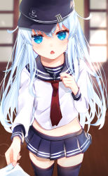Rule 34 | 1girl, :o, absurdres, black thighhighs, blouse, blue eyes, chestnut mouth, commentary request, cowboy shot, hair between eyes, hibiki (kancolle), highres, kantai collection, long hair, looking at viewer, pov, shiro hebi rei, shirt, silver hair, solo focus, thighhighs, very long hair, white shirt
