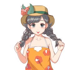 Rule 34 | 13 (deccho-htm), 1girl, :p, bare arms, bare shoulders, black eyes, black hair, blush, braid, brown hat, closed mouth, collarbone, creatures (company), dress, flat chest, floral print, flower, game freak, hat, hat flower, holding, holding own hair, long hair, looking at viewer, nintendo, orange dress, pokemon, pokemon usum, red flower, selene (pokemon), selene (pokemon usum), sleeveless, sleeveless dress, smile, solo, sundress, swept bangs, tareme, tongue, tongue out, twin braids, upper body