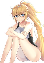 Rule 34 | 1girl, black-framed eyewear, blonde hair, blue eyes, blush, breasts, closed mouth, collarbone, competition swimsuit, crossed arms, fate/grand order, fate (series), glasses, high ponytail, highres, jeanne d&#039;arc (fate), jeanne d&#039;arc (ruler) (fate), jeanne d&#039;arc (swimsuit archer) (fate), jeanne d&#039;arc (swimsuit archer) (second ascension) (fate), long hair, looking at viewer, medium breasts, one-piece swimsuit, ponytail, sideboob, simple background, sitting, smile, solo, swimsuit, very long hair, white background, white one-piece swimsuit, yuyuenimo