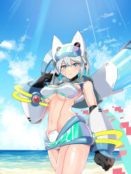 Rule 34 | 1girl, android, bare shoulders, beach, bikini, bikini skirt, black gloves, blue eyes, blue sky, body markings, breasts, capelet, cleavage, cloud, commentary request, cowboy shot, day, distortion, diving mask, diving mask on head, gauntlets, gloves, goggles, goggles on head, grey capelet, grey hair, hair between eyes, hand up, highres, ico (megaman x dive), large breasts, light blush, looking at viewer, mega man (series), mega man x (series), mega man x dive, navel, ocean, outdoors, parted lips, popo (popo0cat), robot ears, sidelocks, sky, solo, standing, stomach, strapless, strapless bikini, sunlight, swimsuit, underboob, wet, white bikini