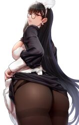 Rule 34 | 1girl, absurdres, apron, ass, black hair, black shirt, black skirt, blue archive, blush, breasts, brown pantyhose, earrings, glasses, hair ornament, hairclip, highres, hua-j, jewelry, large breasts, long hair, long sleeves, looking at viewer, looking back, pantyhose, red eyes, rio (blue archive), round eyewear, shirt, skirt, solo, thighband pantyhose, white apron