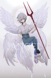Rule 34 | 1boy, 56478171, angel wings, arm behind back, belt, bident, breast pocket, collared shirt, crossed legs, diffraction spikes, english text, eyes visible through hair, feathered wings, full body, gradient background, hair between eyes, highres, holding, holding lance, holding polearm, holding weapon, invisible chair, lance, lance of longinus (evangelion), light particles, male focus, multiple wings, nagisa kaworu, neon genesis evangelion, orange shirt, pocket, polearm, red eyes, seraph, shirt, shirt tucked in, shoes, short hair, short sleeves, silver hair, simple background, sitting, smile, sneakers, solo, undershirt, weapon, white background, white footwear, white shirt, white wings, wings
