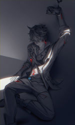 Rule 34 | 1boy, arm up, bleeding, blood, blood on arm, blood on leg, blue eyes, closed mouth, collarbone, crack, cracked mask, cuffed, cuffs, earrings, eyes visible through hair, genshin impact, gloves, greyscale, hair between eyes, half gloves, hanayaka, handcuffs, highres, injury, jewelry, male focus, mask, mask on head, unworn mask, monochrome, navel, single earring, sleeves rolled up, solo, spot color, tartaglia (genshin impact), torn, torn clothes, torn legwear, vision (genshin impact)