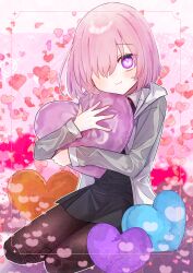 Rule 34 | 1girl, absurdres, black dress, blush, bob cut, brown pantyhose, closed mouth, commentary request, dress, fate/grand order, fate (series), grey jacket, hair over one eye, harukappa, heart, heart-shaped pillow, highres, hood, hood down, hooded jacket, hugging object, jacket, long sleeves, looking at viewer, mash kyrielight, multicolored clothes, multicolored jacket, one eye covered, open clothes, open jacket, pantyhose, pillow, pillow hug, pink hair, purple eyes, short hair, sitting, smile, solo, two-tone jacket, white jacket