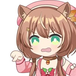 Rule 34 | 1girl, acorn, animal ear fluff, animal ears, ayunda risu, ayunda risu (1st costume), bow, brown choker, brown hair, choker, green eyes, hair ornament, hairclip, hololive, hololive indonesia, jacket, leaf hair ornament, low twintails, open mouth, pink bow, pink headwear, pink jacket, pointing, pom pom (clothes), solo, squirrel ears, twintails, virtual youtuber, zephylyne