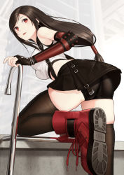 Rule 34 | 1girl, arm guards, ass, bare shoulders, bike shorts, black hair, black thighhighs, breasts, cameltoe, crop top, cross-laced footwear, final fantasy, final fantasy vii, final fantasy vii remake, fingerless gloves, gloves, highres, kep (ahokep), knee up, ladder, large breasts, long hair, looking back, red eyes, red footwear, shirt, shoe soles, shorts, shorts under skirt, sidelocks, skindentation, skirt, sleeveless, solo, sports bra, strapless, suspender skirt, suspenders, tank top, thighhighs, thighs, tifa lockhart, white shirt, white tank top, zettai ryouiki