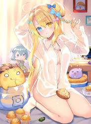 Rule 34 | 1girl, absurdres, anklet, barefoot, blonde hair, blue eyes, blush, braid, breasts, character doll, cleavage, food, hair bun, hair ornament, heterochromia, highres, indie virtual youtuber, jewelry, loco lost, long hair, looking at viewer, muffin, naked shirt, navel, necklace, rei (rei&#039;s room), seiza, shirt, single hair bun, sitting, solo, virtual youtuber, yellow eyes