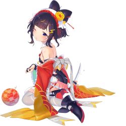Rule 34 | 1girl, ball, black footwear, black gloves, black hair, black ribbon, boots, breasts, detached collar, garter straps, gloves, hair ornament, henreader, holding, holding knife, injury, jewelry, knife, looking at viewer, looking to the side, miniskirt, necklace, nihon&#039;ichi norishige, partially fingerless gloves, pink ribbon, pink thighhighs, pleated skirt, ribbon, sideboob, sidelocks, sitting, skin tight, skirt, solo, tears, tenka hyakken, thighhighs, tight clothes, torn clothes, transparent background, white thighhighs, wristband