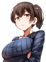 Rule 34 | 1girl, alternate costume, bad id, bad twitter id, belko, blue sweater, breasts, brown eyes, brown hair, crossed arms, from below, hair between eyes, kaga (kancolle), kantai collection, large breasts, looking at viewer, short hair, side ponytail, simple background, solo, striped clothes, striped sweater, sweater, white background
