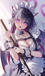 Rule 34 | 1girl, apron, bandages, belt, belt collar, black hair, blush, breasts, cleavage, collar, colored inner hair, commentary request, demon girl, demon horns, demon wings, detached collar, dress, earrings, frills, heart, heart-shaped pupils, highres, horns, jewelry, large breasts, long hair, looking at viewer, maid, maid apron, maid headdress, misekiss, multicolored hair, open mouth, original, pointy ears, puffy sleeves, purple eyes, skirt, solo, symbol-shaped pupils, wings, wrist cuffs