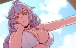 Rule 34 | 10s, 1girl, akairiot, bare arms, bare shoulders, braid, breasts, cleavage, cloud, cloudy sky, crop top, day, face hold, granblue fantasy, large breasts, long hair, looking at viewer, midriff, outstretched arm, serious, silva (granblue fantasy), silver hair, sky, solo, twin braids, upper body, wavy hair, yellow eyes