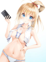 Rule 34 | 1girl, ahoge, areola slip, armpits, bismarck (kancolle), blonde hair, blue eyes, blush, bottle, breast hold, breasts, cellphone, character name, drinking, drinking straw, dutch angle, groin, hair ornament, hair scrunchie, hand on own hip, holding, holding phone, kantai collection, large breasts, long hair, looking at viewer, momin, navel, panties, phone, ponytail, scrunchie, sidelocks, smartphone, solo, stomach, topless, towel, towel around neck, underwear, white panties