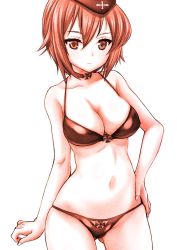Rule 34 | 10s, 1girl, :|, alternate costume, bare arms, bare shoulders, bikini, breasts, brown eyes, brown hair, brown theme, choker, cleavage, closed mouth, collarbone, commentary request, cowboy shot, cross, dithering, expressionless, eyebrows, garrison cap, girls und panzer, hair between eyes, hand on own hip, hat, hip focus, iron cross, looking at viewer, matching hair/eyes, medium breasts, military hat, monochrome, navel, nishizumi maho, parted bangs, shiromitsu suzaku, short hair, simple background, skindentation, solo, standing, stomach, swimsuit, white background