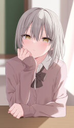 Rule 34 | 1girl, black bow, black bowtie, blush, bow, bowtie, brown cardigan, brown eyes, cardigan, classroom, closed mouth, collared shirt, grey hair, hand on own cheek, hand on own face, highres, indoors, kamu (geeenius), long sleeves, looking at viewer, original, school uniform, shirt, short hair, solo, table, upper body, white shirt