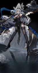 Rule 34 | 1girl, absurdres, arknights, black background, black headwear, black pantyhose, black thighhighs, circular saw, dress, frilled dress, frills, grey hair, highres, holding, holding weapon, huijin zhi ling, long hair, nail polish, pantyhose, pelvic curtain, red eyes, reflection, saw, simple background, specter (arknights), specter the unchained (arknights), staff, standing, standing on liquid, thighhighs, two-tone dress, weapon
