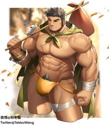 Rule 34 | 1boy, abs, bandaged arm, bandaged leg, bandages, bara, bird, brown hair, bulge, cloak, contrapposto, cropped legs, cross scar, dark-skinned male, dark skin, facial hair, goatee, highres, large hands, large pectorals, loincloth, long sideburns, looking to the side, male focus, male pubic hair, mature male, muscular, muscular male, navel, navel hair, nipples, o-ring, o-ring bottom, original, pectorals, pubic hair, pubic hair peek, scar, short hair, sideburns, smile, solo, stomach, tekkowang, thick eyebrows, thick thighs, thighs, veins, veiny arms, wind