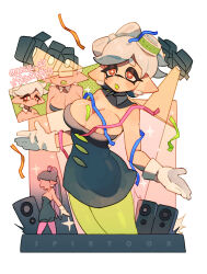 Rule 34 | 2girls, :o, black dress, black hair, black jumpsuit, bow-shaped hair, breasts, callie (splatoon), cleavage, collar, confetti, copyright name, detached collar, dress, earrings, faceless, faceless female, fangs, gloves, green pantyhose, grey hair, highres, inkling, jewelry, jumpsuit, large breasts, magic qy, marie (splatoon), mole, mole under eye, multiple girls, nintendo, orange eyes, pantyhose, pink pantyhose, short hair, skin fangs, solo focus, speaker, splatoon (series), stage, stage lights, star-shaped pupils, star (symbol), strapless, strapless dress, symbol-shaped pupils, tentacle hair, twintails, twitter username, white background, white collar, white gloves
