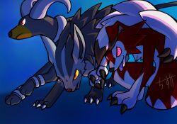 Rule 34 | 1202 cheese, animal focus, black fur, blue background, claws, closed mouth, colored sclera, commentary request, creatures (company), game freak, gen 2 pokemon, gen 3 pokemon, gen 7 pokemon, grey fur, highres, horns, houndoom, lycanroc, lycanroc (midnight), mightyena, nintendo, no humans, open mouth, pink eyes, pokemon, pokemon (creature), red eyes, red fur, ringed eyes, snout, species connection, tail, tongue, tongue out, two-tone fur, white fur, yellow sclera