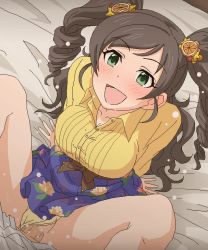 Rule 34 | 1boy, 1girl, bed, blouse, blush, censored, clothed sex, clothing aside, food-themed hair ornament, green eyes, hair ornament, idolmaster, idolmaster cinderella girls, mosaic censoring, nonomura sora, oekaki, open mouth, panties, panties aside, penis, sex, shirt, skirt, solo focus, spread legs, tomu (tomubobu), twintails, underwear, yellow panties, yellow shirt