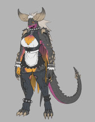 Rule 34 | 1girl, absurdres, alternate costume, ankle strap, apron, black sclera, black skin, breasts, claws, cleavage, cleavage cutout, clothing cutout, colored sclera, colored skin, corset, digitigrade, dragon girl, dragon horns, dragon tail, dress, enmaided, exaxuxer, folded wings, full body, furry, furry female, garter straps, grey background, grey hair, highres, horns, large breasts, long hair, maid, maid headdress, monster girl, monster hunter, monster hunter: world, monster hunter (series), multicolored skin, nergigante, orange skin, pink skin, scales, sharp teeth, sleeveless, sleeveless dress, solo, spiked tail, spiked wings, spikes, standing, studded anklet, studded bracelet, tail, teeth, thighhighs, toeless legwear, torn clothes, torn thighhighs, tusks, waist apron, white apron, wrist cuffs, yellow eyes