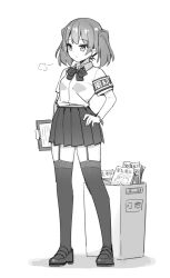 Rule 34 | 1girl, armband, bow, breasts, clipboard, closed mouth, collared shirt, commentary request, dress shirt, full body, garter straps, greyscale, hand on own hip, hatsunatsu, highres, loafers, looking away, monochrome, original, pleated skirt, shadow, shirt, shoes, short sleeves, simple background, skirt, small breasts, solo, standing, thighhighs, twintails, white background