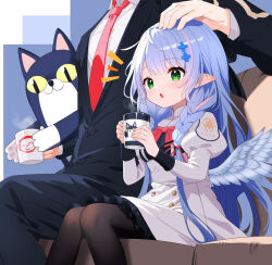 Rule 34 | 1girl, aged down, angel wings, black pantyhose, blue archive, blue hair, bow, bowtie, braid, cup, feathered wings, formal, frilled skirt, frills, green eyes, head out of frame, headpat, highres, holding, holding cup, juliet sleeves, long sleeves, low twin braids, mine (blue archive), multiple hairpins, mutsuse, necktie, nurse, pantyhose, pointy ears, puffy sleeves, red bow, red necktie, sensei (blue archive), sitting, skirt, stuffed animal, stuffed toy, suit, twin braids, wings